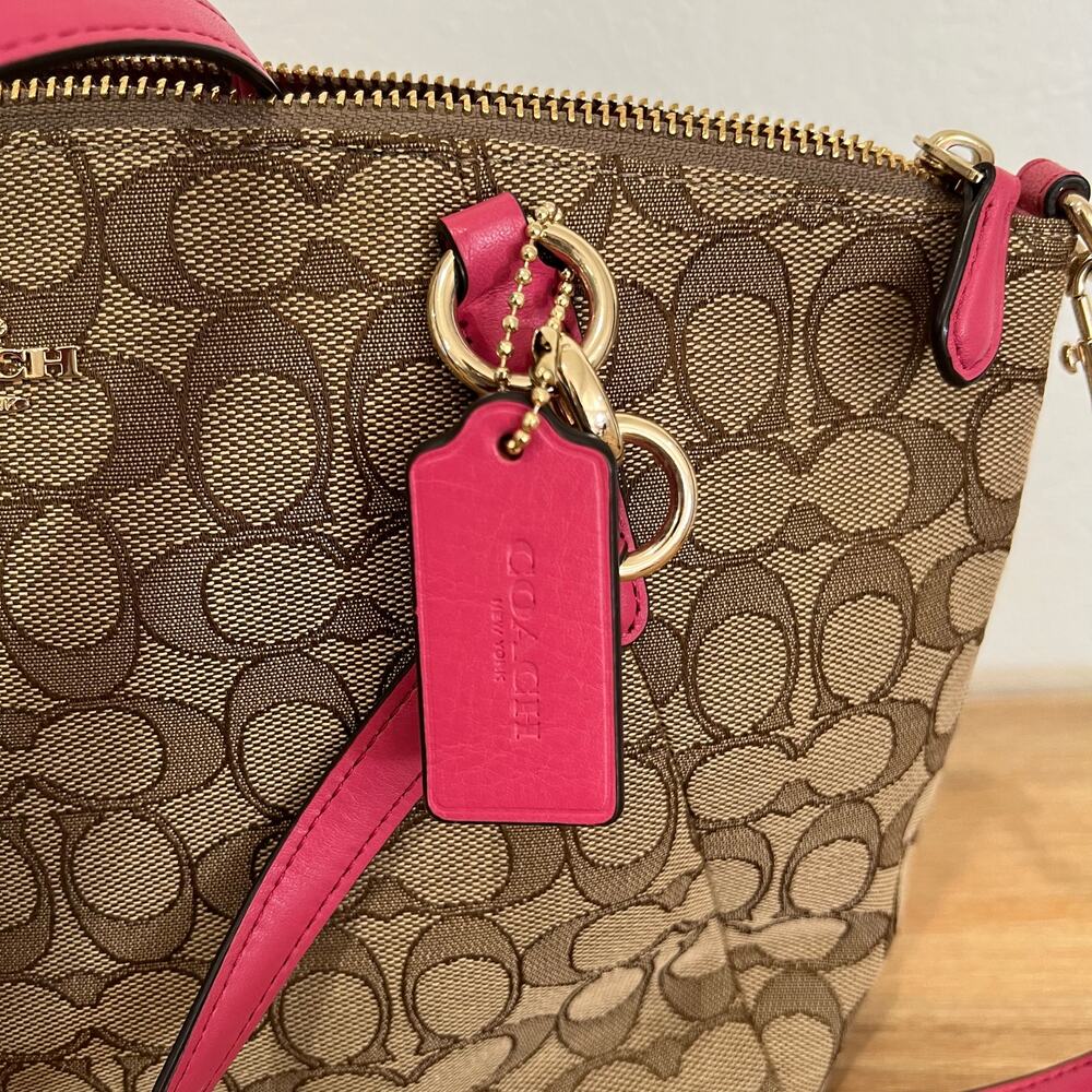 Coach Signature Logo Print Kelsey Bag Purse Canvas Brown Pink Gold Hardware - Picture 5 of 15